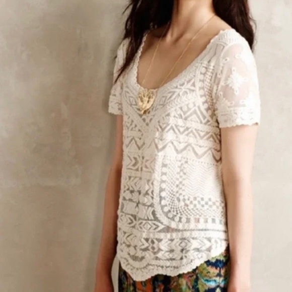 Anthropologie Tops - Anthro Meadow Rue Embroidered Mesh Cream Lace Top SZ- S